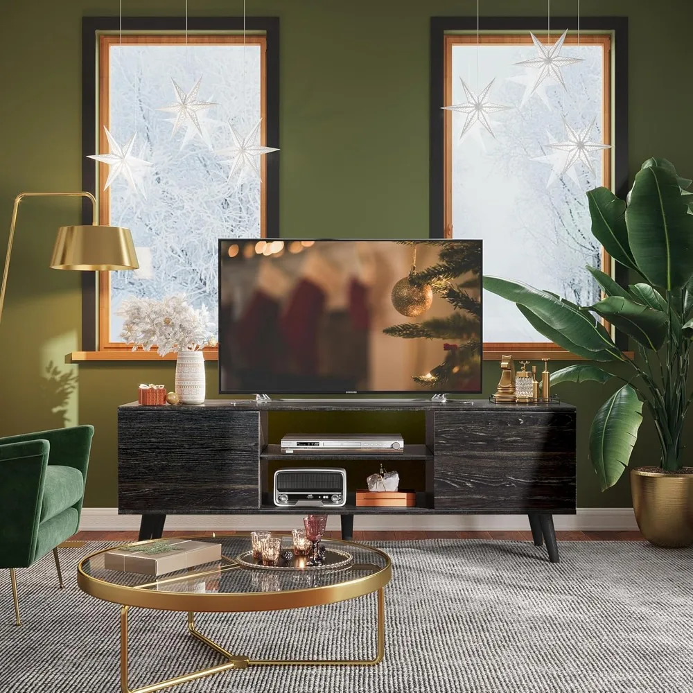 

TV Stand, for 55 60 inch TV, Modern Entertainment Center with Storage Cabinets, Mid Century TV Console Table for Bedroom