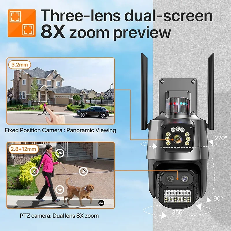 9MP WiFi Camera Outdoor 8X Zoom Security Camera IP Camera Outdoor 4K Video Surveillance Three Lens Dual Screen Night Vision Cam