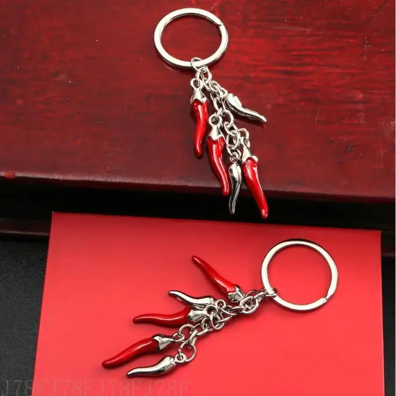 

J78F Unique Chili Pepper Keychain Chili Horn Keyring Pendant Eye Catching Bag Charm Long Lasting Alloy Key Chain Accessory