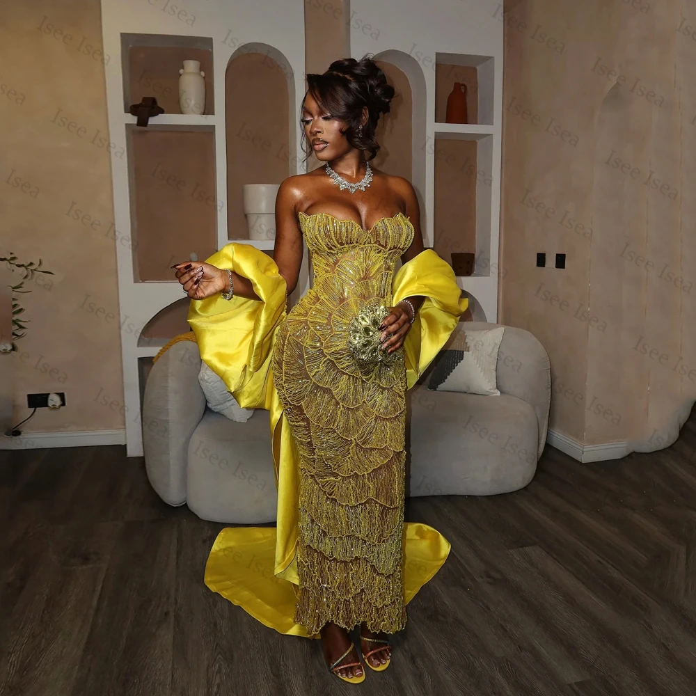 

Luxuries Evening Dresses 2026 Pearls Beaded Strapless Mermaid Yellow Party Gowns With Shawl Backless Floor Length Customized