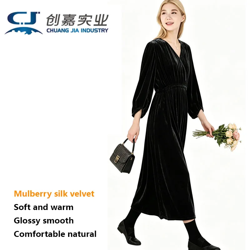 

Silk Velvet Spring and Autumn Women Seven Points Lantern Sleeve Dress Loose Large Size Brown Temperament Vintage Elegant Outdoor