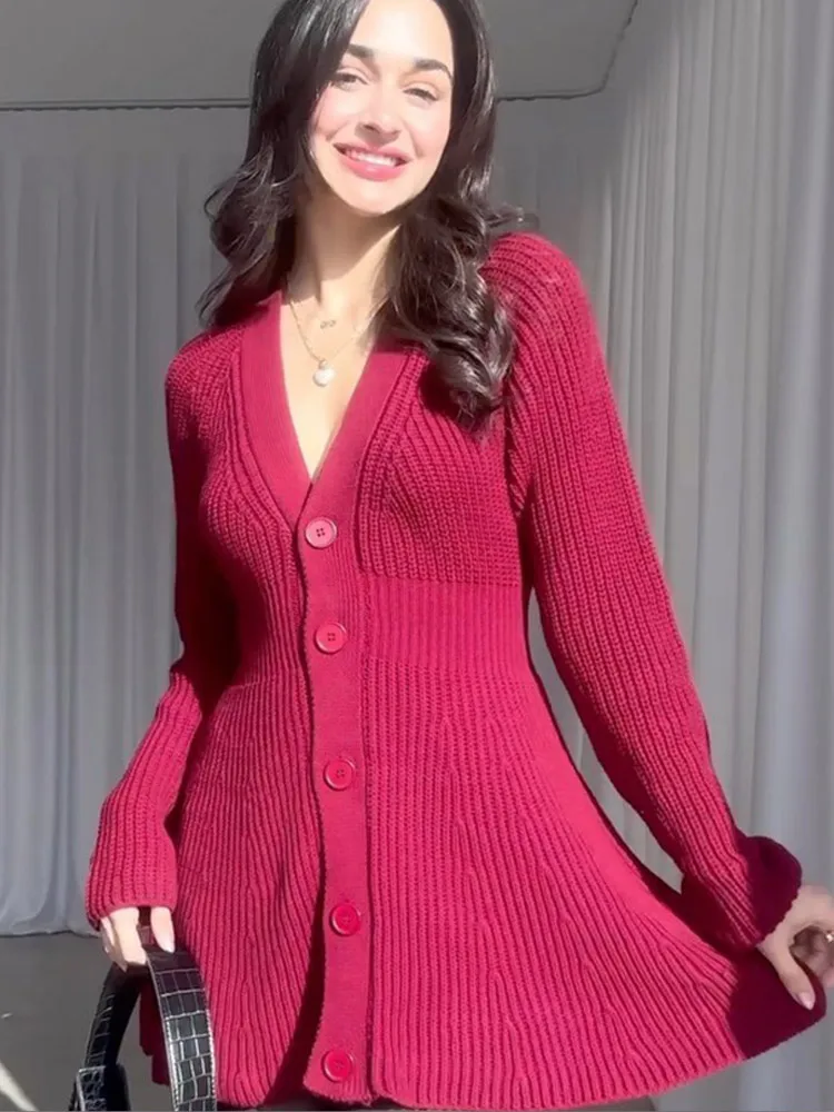 Women Casual Deep V Red Knitted Mini Dress Fashion Long Sleeve Single Breasted A-line Dresses Lady Winter Highstreet Short Robes