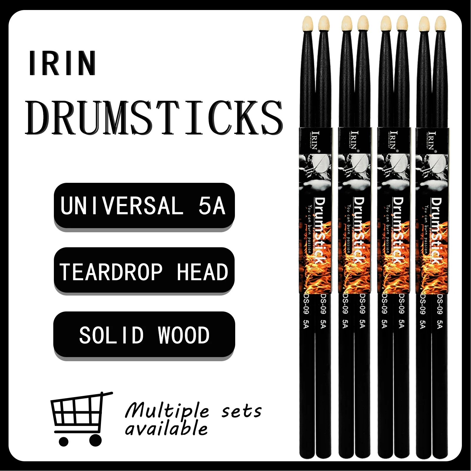 IRIN Drumstick Jazz Drum 5A Solid Wood Pair Drum Sticks Percussion Instrument Sturdy Maple Black Drum Universal Accessories