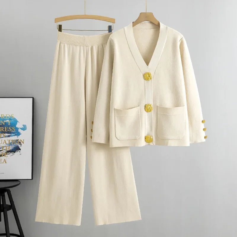 2025 Fall Winter Women's Knit Sweater Sets Large Gold Button V-Neck Cardigan Coats Conjunto High Waist Baggy Wide Leg Pants Suit