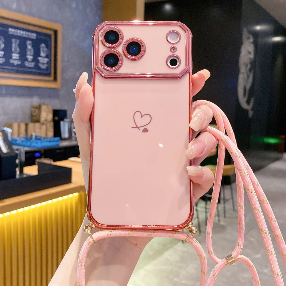 Crossbody-Halsband-Schultergurt-Hülle für iPhone 18 17 Pro Max 16 13 15 14 Plus, vergoldetes Herz, weiche Silikonhülle – Detail 8