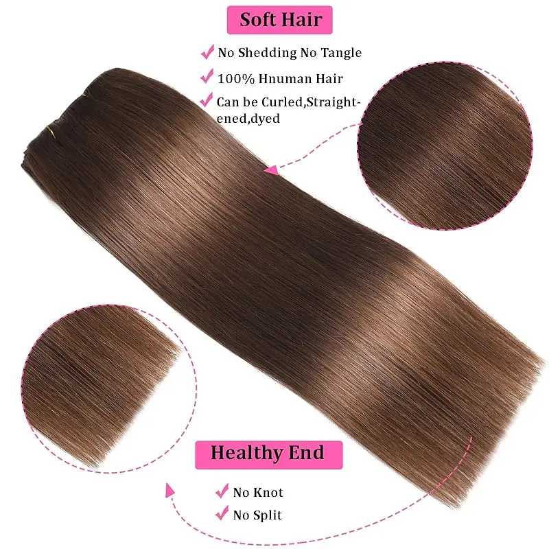 Extensões de cabelo remy para mulheres, extensões de cabelo com grampo, cabelo humano 100% real, trama dupla, # 1B, 8pcs