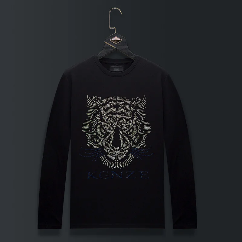 

Футболки больших размеров с круглым вырезом и длинными рукавами, мужская модная уличная одежда, тонкие хлопковые футболки из модала с рисунком тигра и стразами, мужская одежда