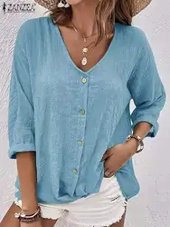 ZANZEA-Camisa de manga larga para mujer, blusa lisa con botones elegantes, informal, holgada, con cuello en V, para vacaciones, Otoño, 2023