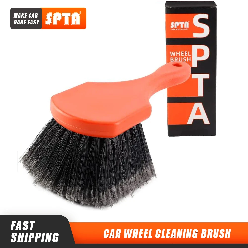 SPTA Soft Bristle Car Wheel Tire Wash Brush for Rim Interior & Exterior Surface Cleaning Orange Handle for Easy Scrubbing