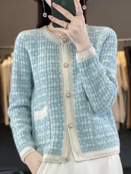 Addonee New Chic Autumn Winter Cardigan For Women 100% Merino Wool Sweater Thick Plaid O-Neck Cashmere Knittwer Korean Fashion