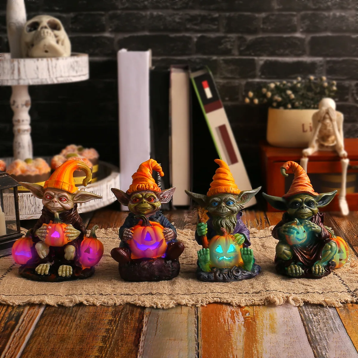 Halloween Decoration Hugging Pumpkin Lamp Elf Resin Craft Ornament Home Desktop Glowing Gnome Doll Decoration