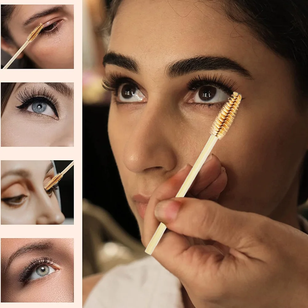50/100 szt. Szczoteczki do rzęs z bambusową rączką, jednorazowe aplikatory do tuszu, szczoteczki do przedłużania rzęs, szczoteczki do brwi, narzędzie do makijażu