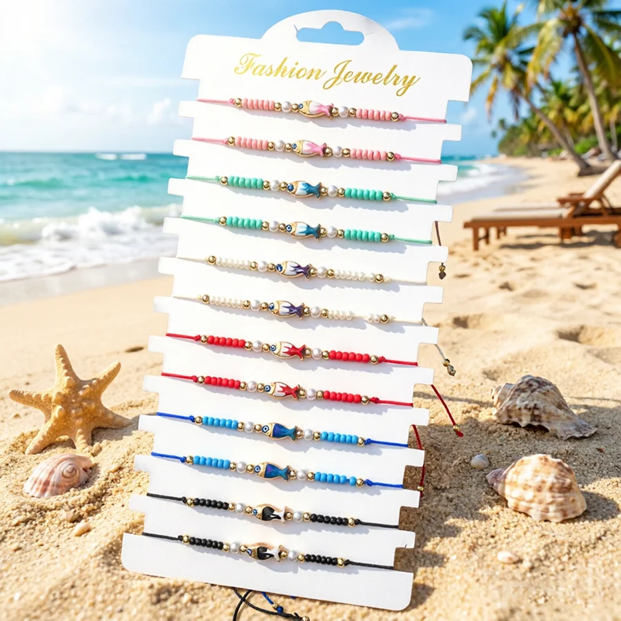 Sweet 12Pcs/Dozen Fish Small Beads Braided Bracelet Women 6 Colors Adjustable Summer Beach Casual Braslet Girls Gift Hand Joias