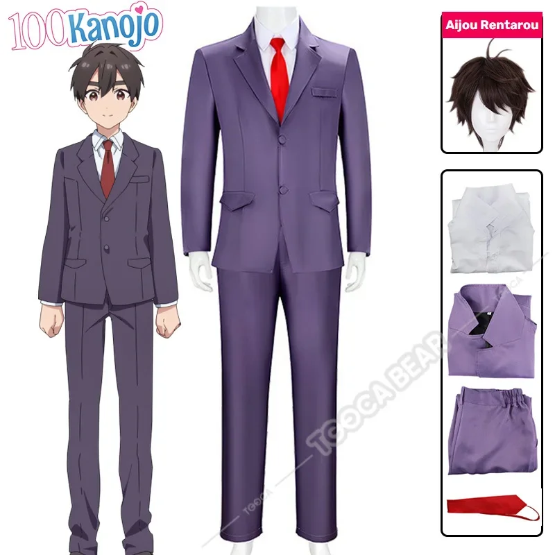 Anime 100 Kanojo Aijou Rentarou Cosplay Costume Wig Purple School Uniform Suit Tie Pants Hakari Hanazono Halloween Party Men