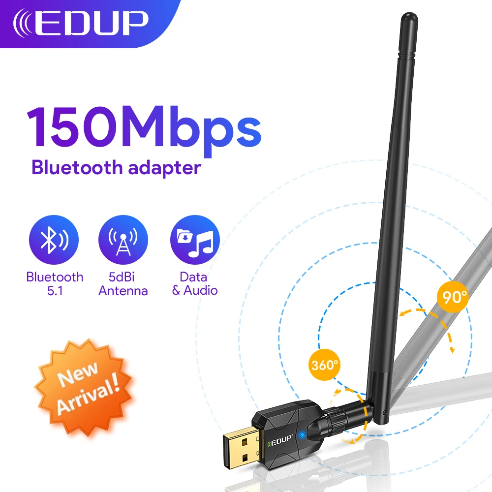 EDUP 150M USB Bluetooth Adapter 2.4GHz Ultra Fast Wireless Bluetooth 5.1 USB Adapter 5dBi Detachable Antenna For Win 10 7 8 11