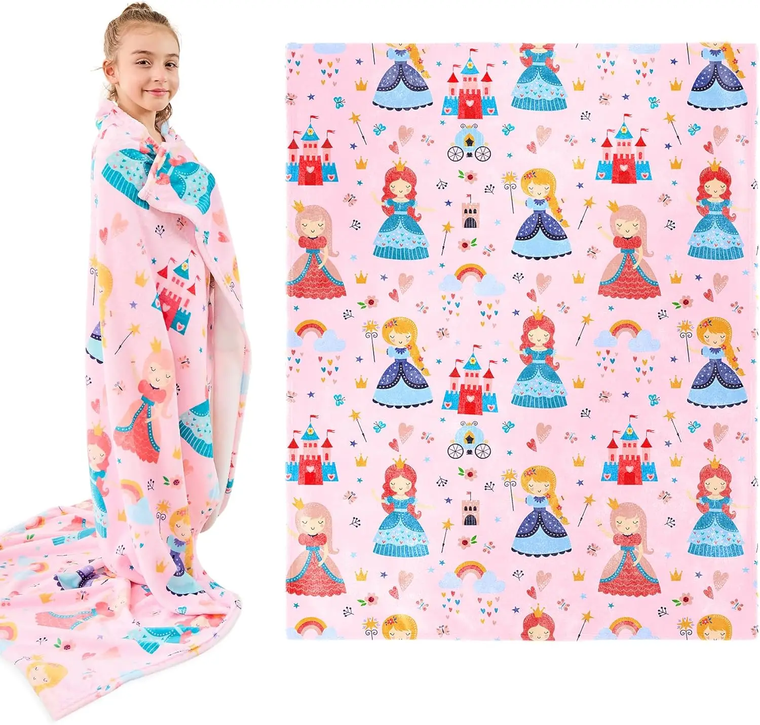 VIKAMA Children's Pink Princess Blanket Soft and Comfortable Sofa Bedroom Throw Outdoor Picnic Travel Blanket