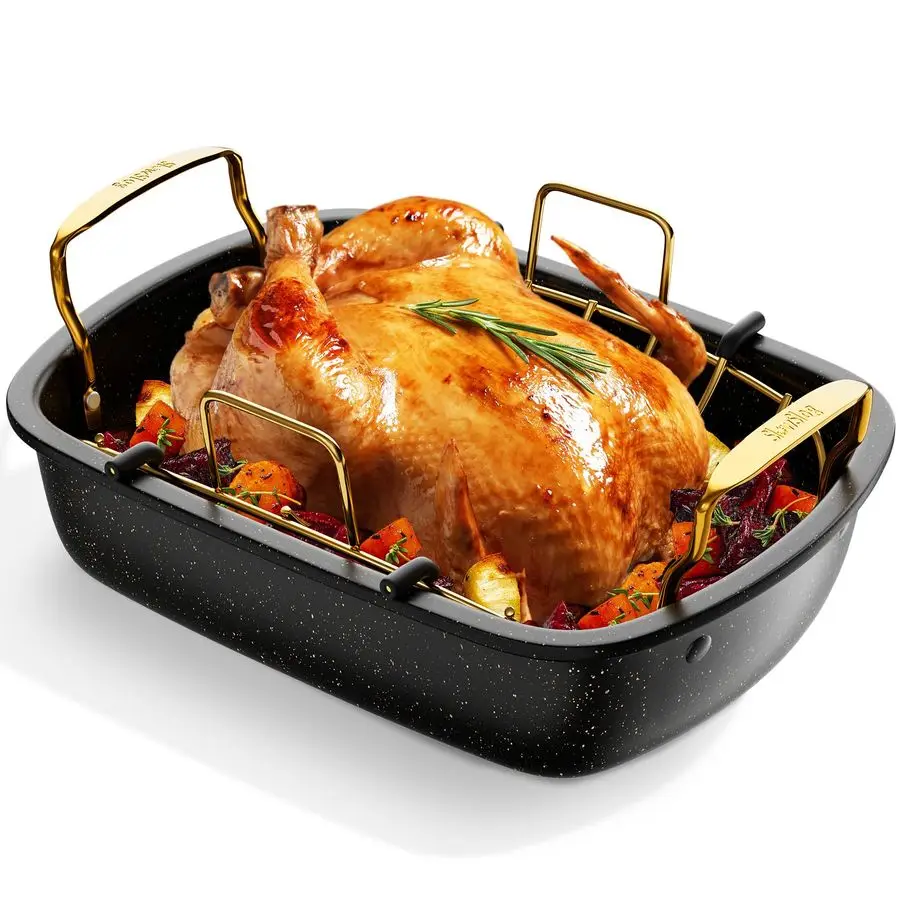

Roasting Pan with Rack, 17 x 13 Large Turkey Roaster Pan, Oven Roasting Pan, Roaster Pan for Turkey, Chicken, Vegetable, Gold am