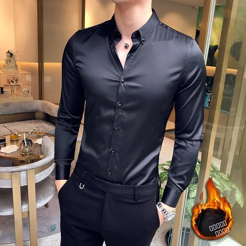

Men's Long Sleeve Fleece Lined Thickened Warm Slim Fit Shirt Fashionable Glossy Iron Free Business Casual Autumn Winter Shirt