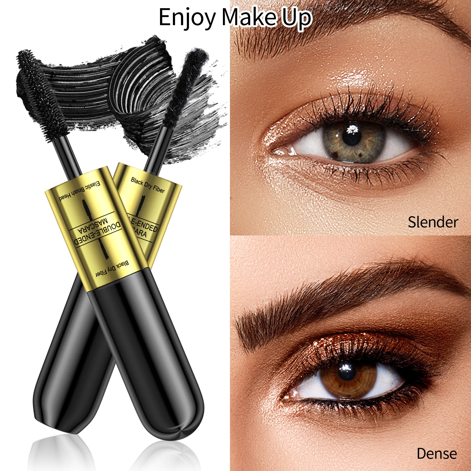 Double-Ended 3D Black Eyelashes Mascara, impermeável, grosso, duradouro, extensão do chicotadas, fibra de seda, alongamento, volume, maquiagem