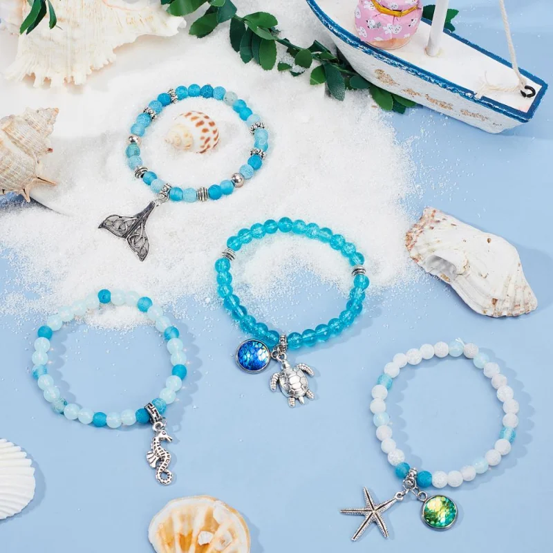 DIY Ocean Theme Bracelet Making Kits Mixed Glass Loose Spacer Beads Metal Pendants with Elastic Crystal Thread Jewelry Findings