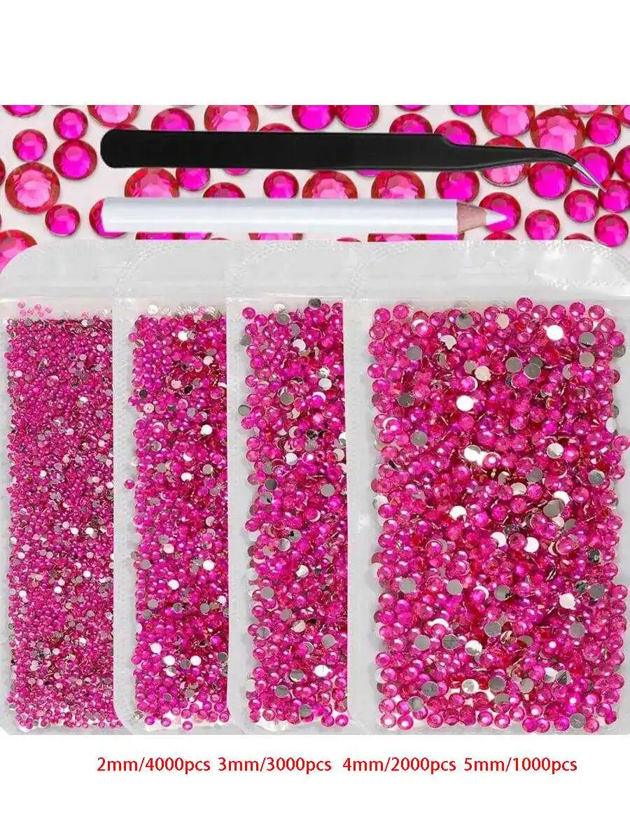 鮮やかなラインストーンの4袋セット、サイズは2mm、3mm、4mm、5mm、合計10000個、ピックとピンセット付き、ホットフィックスではありません。