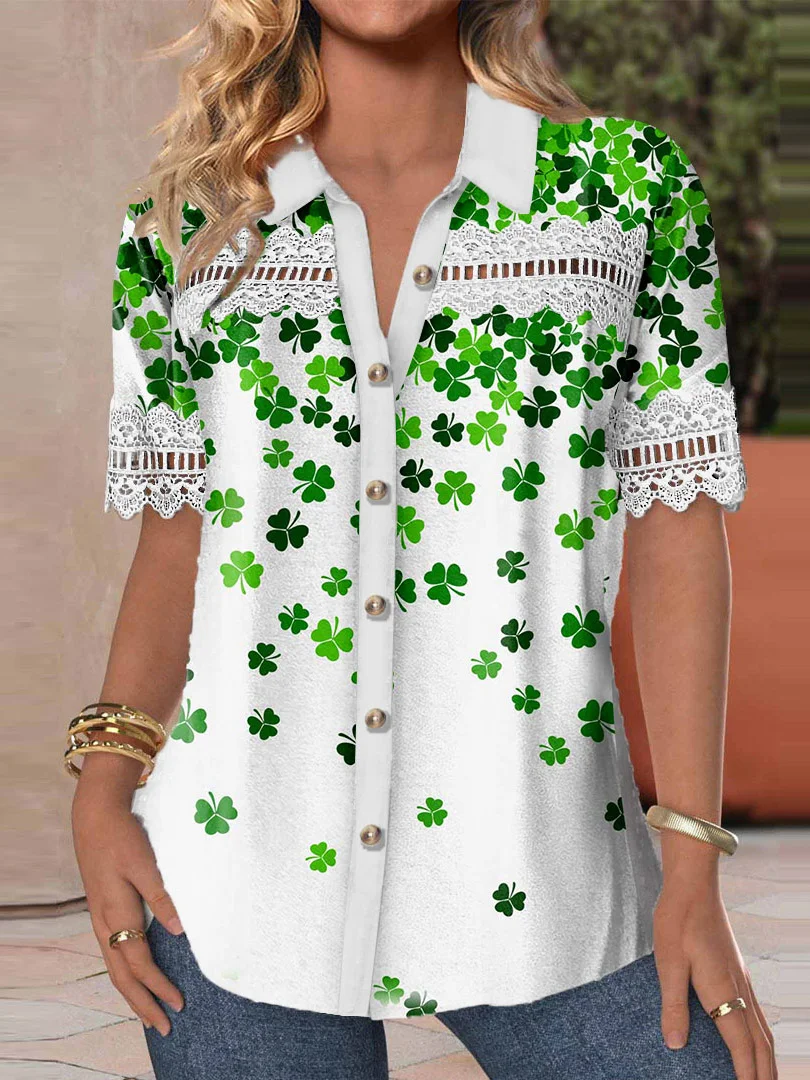 

Plus Size Women Short Sleeve V-neck Floral Printed Graphic Lace Hollow Stitching Button Tops