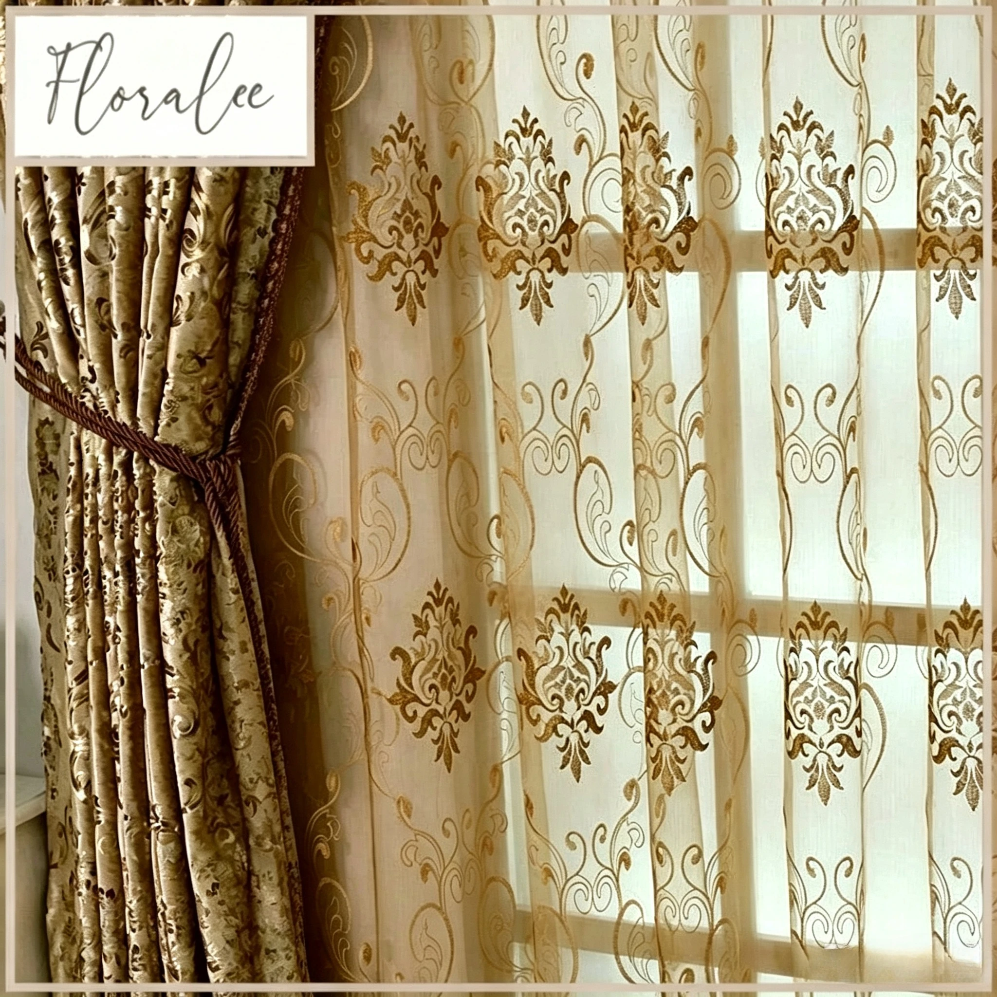 Luxury European Style Velvet Jacquard Curtains with Sheer Gold Bronzing Floral Drapes Window Curtain Set for Living Room Bedroom