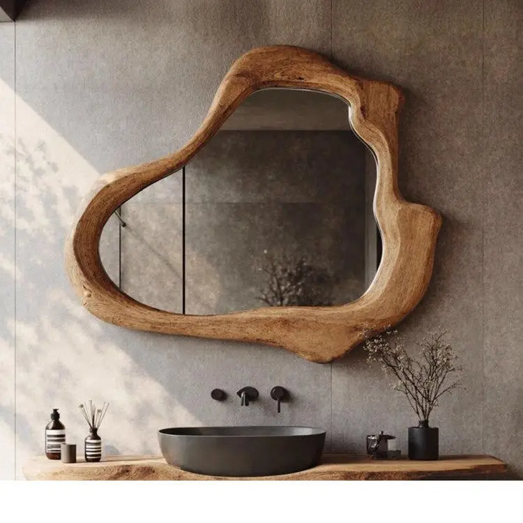 Custom Size Mid-Century Wall Mounted Bathroom Mirror Rustic Homestay Wood Style Retro Vanity Decorative Mirror