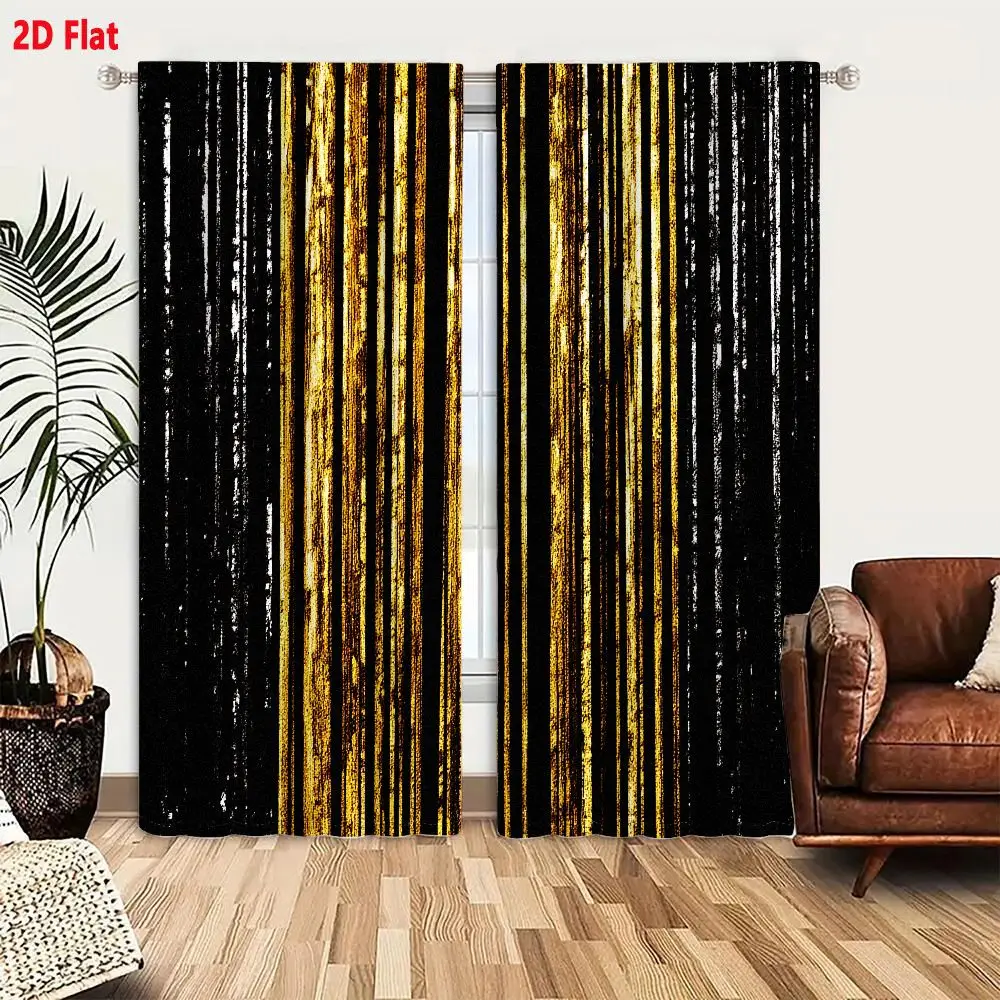 2Pcs Curtains Add 2D Flat Vertical Black And Gold Distressed Stripes Pattern Grunge Texture Window Drapes for Bedroom Room Decor