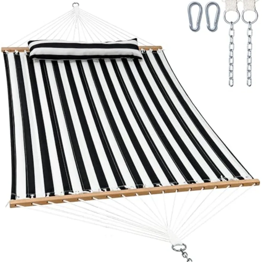 

Outdoor 2-person quilted fabric hammock with spreader bar, black and white color, removable pillow and storage bag, max 475 lbs
