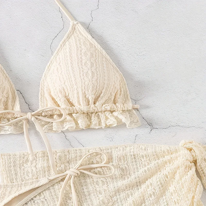 Sexy Beige Mesh Swimsuit Cover Ups String Micro Thong Bikini Women Swimwear 2026 Beach Wear Triangle Bikinis Set 3 Pieces Damen