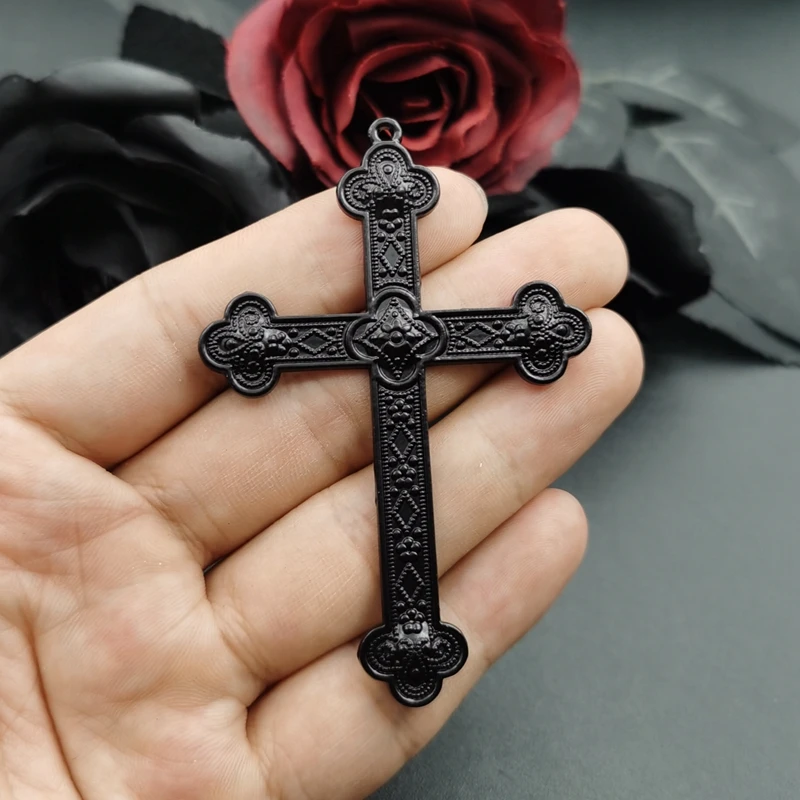 5pcs Silver Color Black 80x54mm Flower Cross Charms Jesus Faith Pendant Jewelry Making DIY Handmade Craft Accessories Wholesale