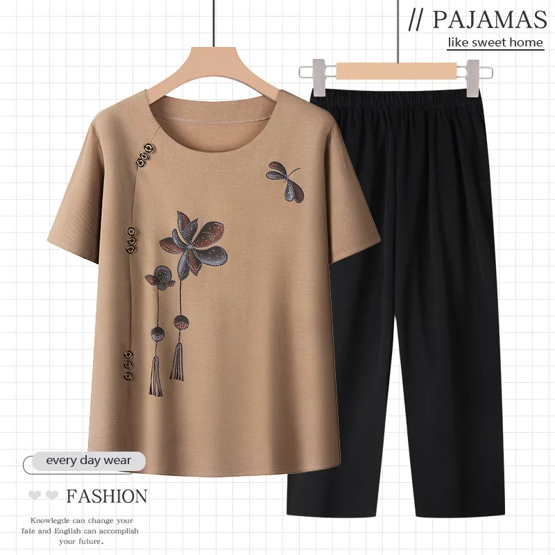 

Grandma Summer Pajama Sets Round Collar Home Wear Thin Pijama Feminino Short sleeve Sleepwear T-shirt Women Pyjama Pour Femme