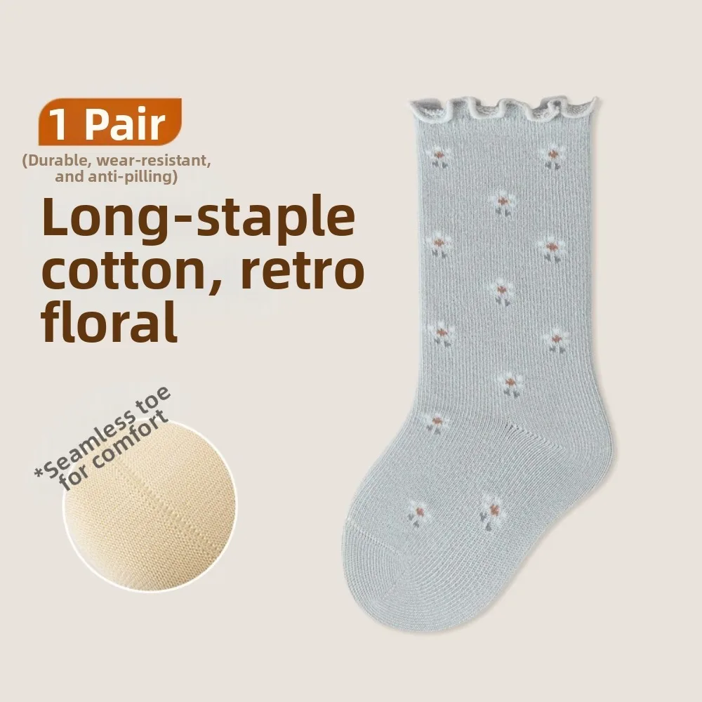 2 Pairs Soft Cotton Baby Fall Socks Ruffle Trim Small Flowers Pattern Girls Mid-calf Socks Breathable Kids Floor Stockings