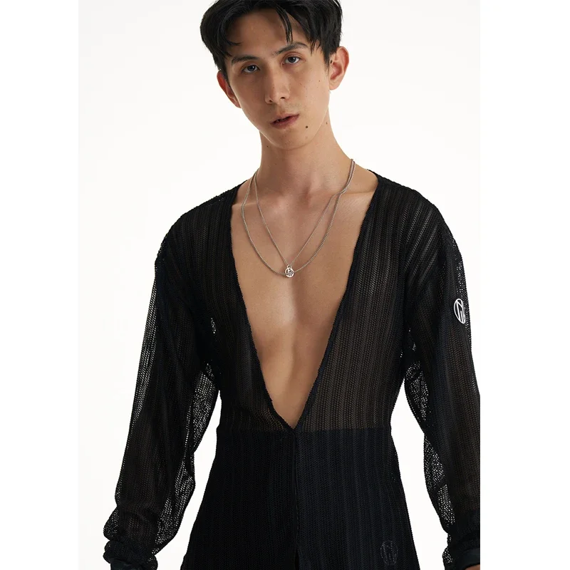 남성 현대 무용 의류 남성 라틴 의상 섹시한 빅 v 넥 메쉬 셔츠 Chacha Rumba Tango Dress 라틴 댄스상의