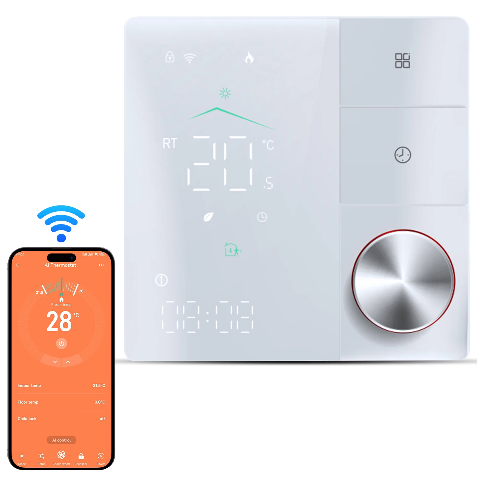 

Smart Thermostat for House Electric Floor Heating WiFi AC thermostat LED Digital Touch Screen and Adjustable Knob Energy Saving