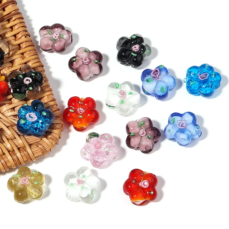 10 sztuk/partia 15x14mm kwiat kształt Murano folia Handmade Lampwork koraliki do tworzenia biżuterii luźne Spacer koraliki DIY bransoletka naszyjnik