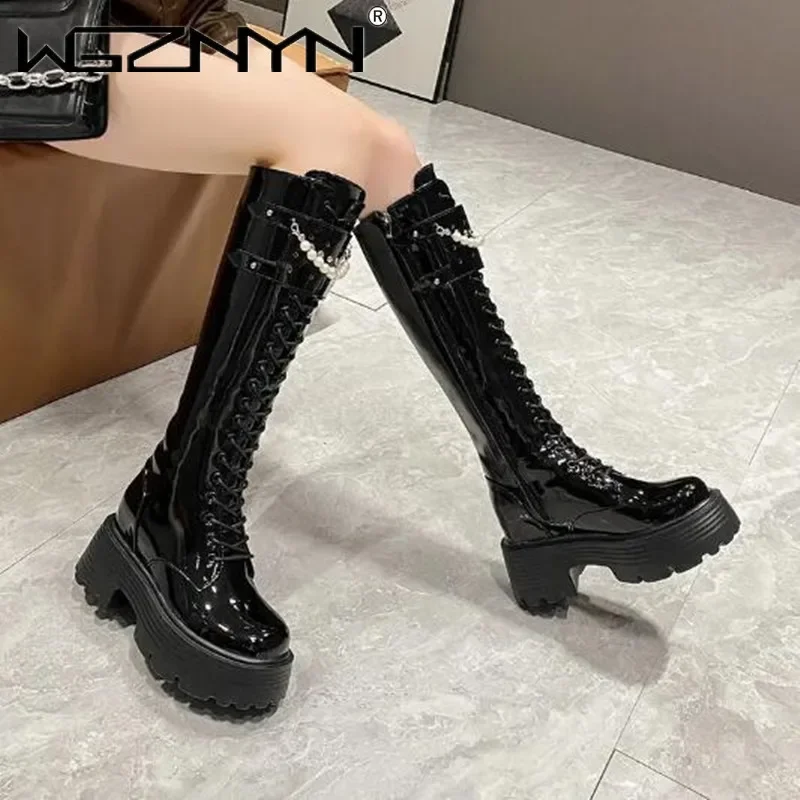 Winter Leather Warm Plush Boots Women Pearl Knee High Boots Casual Chunky Punk Shoes Woman 8.5CM High Heels Platform Long Boots