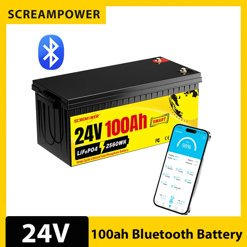 12V 100Ah 24V 100Ah LiFePO4 Battery Rechargeable Lithium Batteries with 100A BMS,2.56KW Load Power for RV,Camper,Trolling Motor