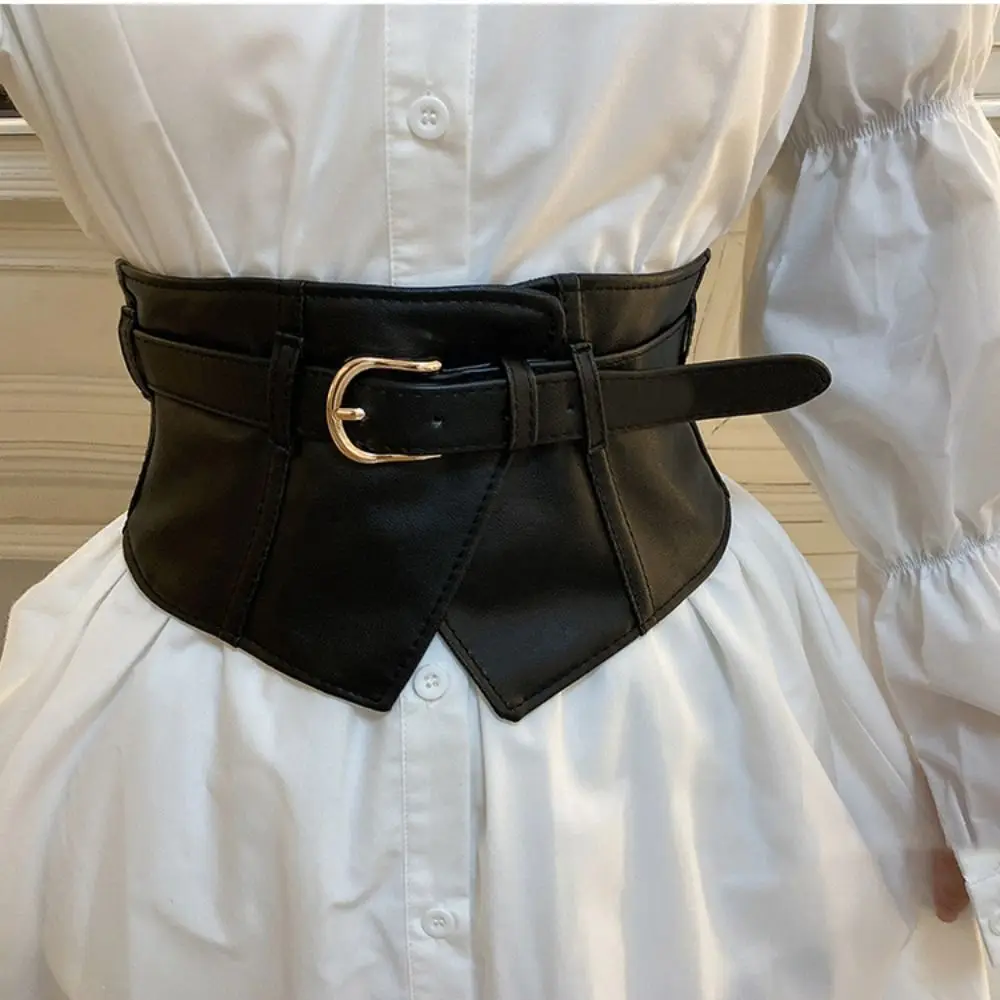 Elegant Adjustable Elastic Cummerbunds Black PU Leather Wide Belt Slimming Waistband Waist Corset Girl