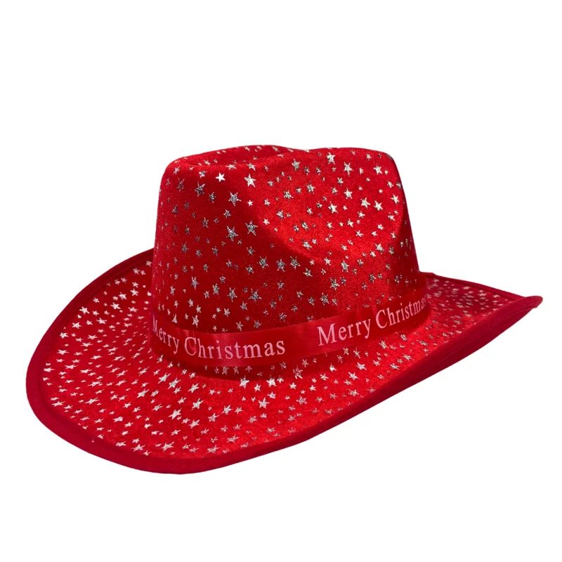 Christmas Red Fashion Cowboy Hat Adult Christmas Glitter Printed Jazz Hat Holiday Role Playing Costume Party Supplies