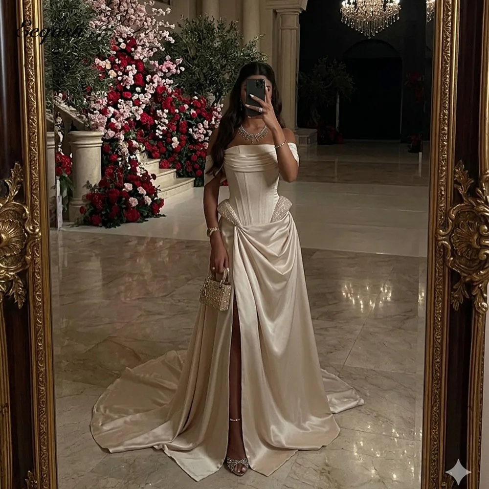 Eeqasn Customized Fashion Jersey Formal Evening Dresses Pleat A Line Strapless Long Bespoke Occasion Dress Leg Slit Sexy