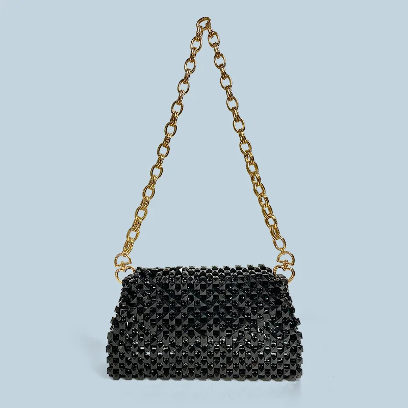 

24 autumn new black fashionable niche pure handmade woven square bead bag, single shoulder small square bag