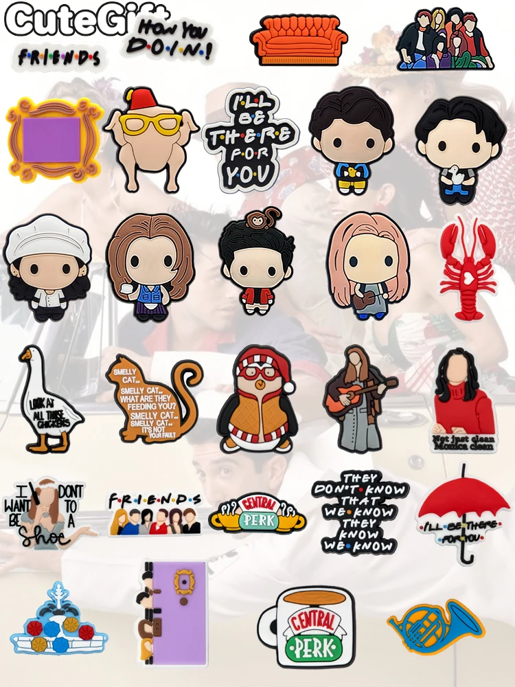 1-28 pièces PVC amis chaussures breloques pour femmes hommes Rachel Monica classique américain Film sabot boucles pour sandales chaussures décorations broches