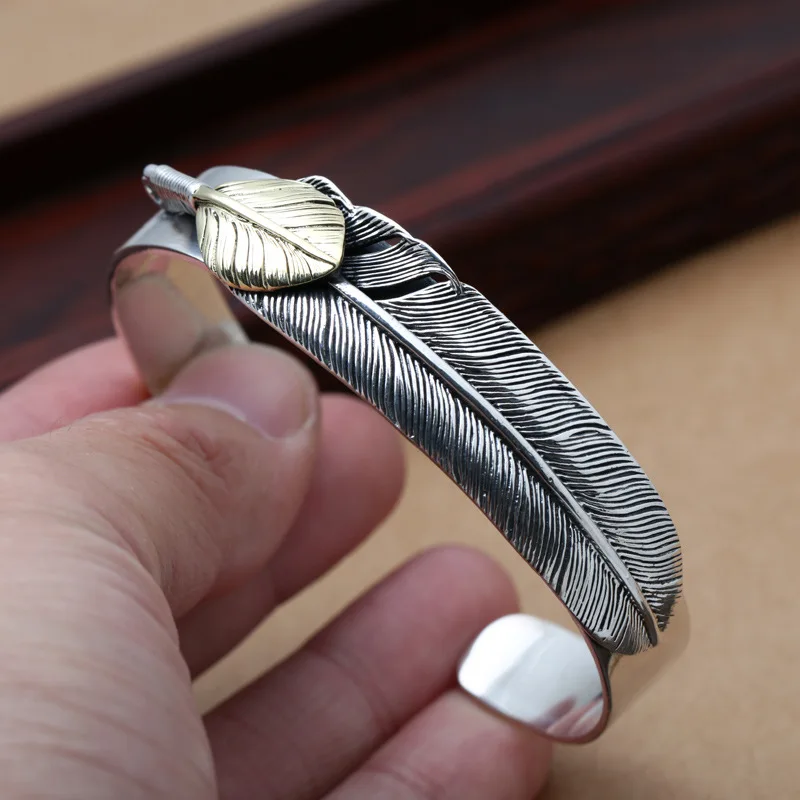 

S925 sterling silver ornament vintage Thai Silver Japanese and Korean fashion Takahashi Goro simple feather open-ended bracelet