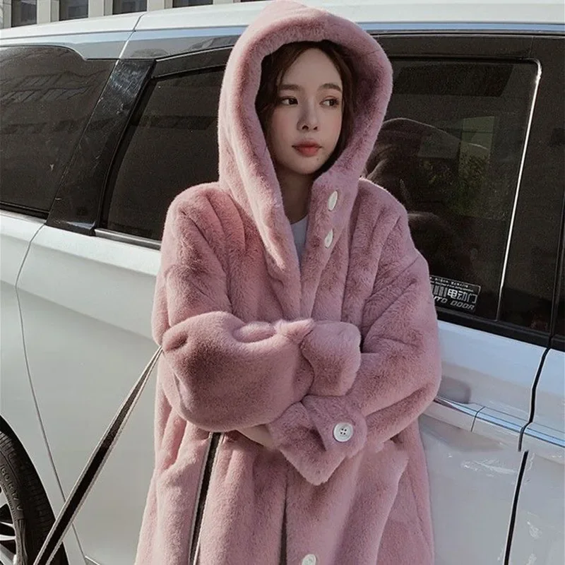 Women's Winter Cute Plush Coat Hooded Coat Buttoned Long Overcoat Shaggy Faux Fur Coat Rabbit Fur Female Hair