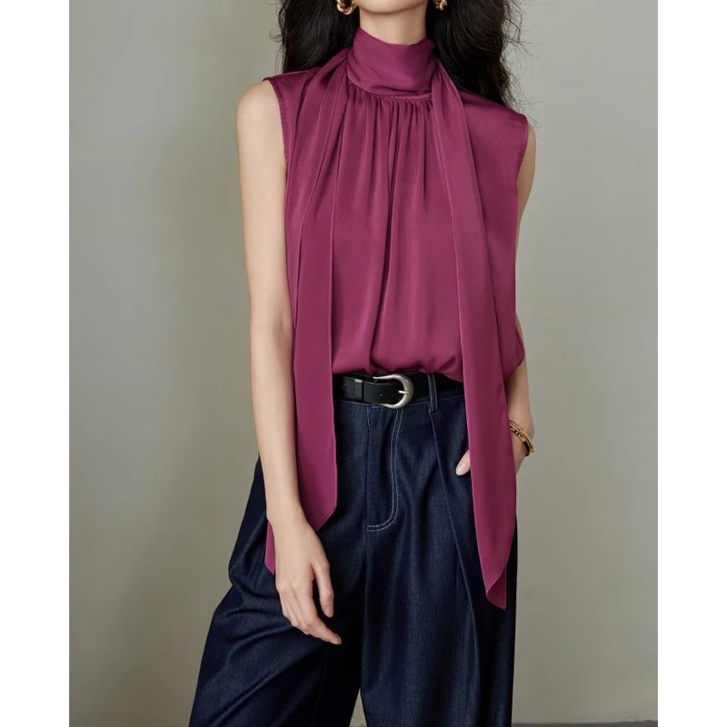 Temperament Lacing Simplicity Shirt Tops Summer New Sleeveless Solid Loose Elegant Youth Blouse Fashion Vintage Women Clothing