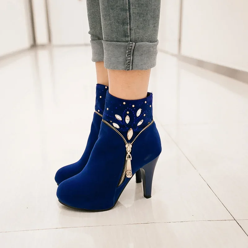 Fashion Women Stiletto Ankle Boots Blue Red Black Flock Rhinestone High Chunky Heels Party Dress Lady Winter Zipper Short Boots