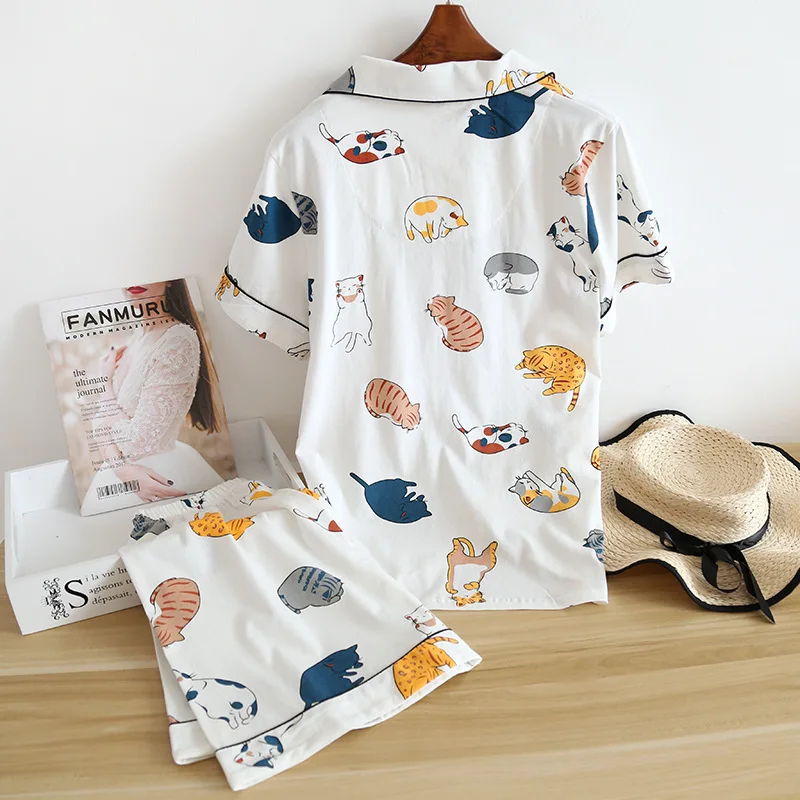 New 100% cotton short-sleeved shorts ladies pajamas set cute cartoon pajamas Japanese simple short pajamas women sleepwear