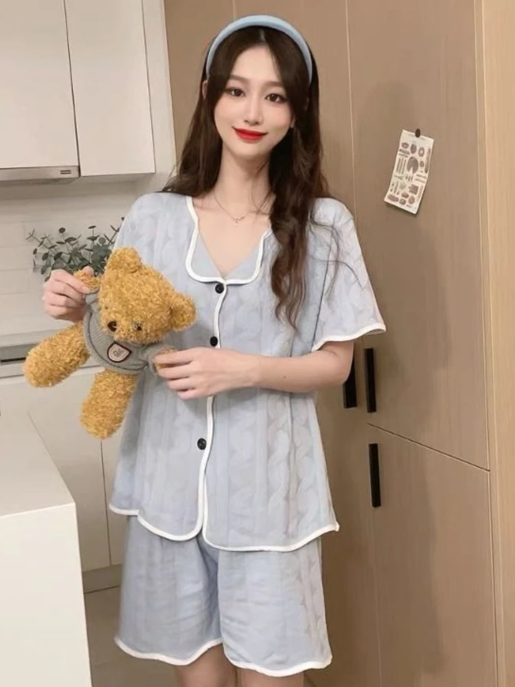 Pajama Sets Women Summer Home Nightwear Comfortable Patchwork Students Kawaii Korean Style Stylish Trendy Newly Hot Sale Chic